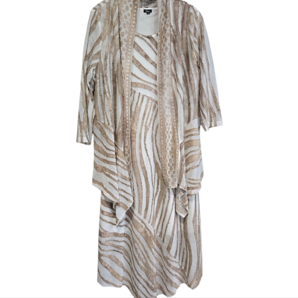 Shana Cream And Tan Dress With Matching Cardigan, Medium